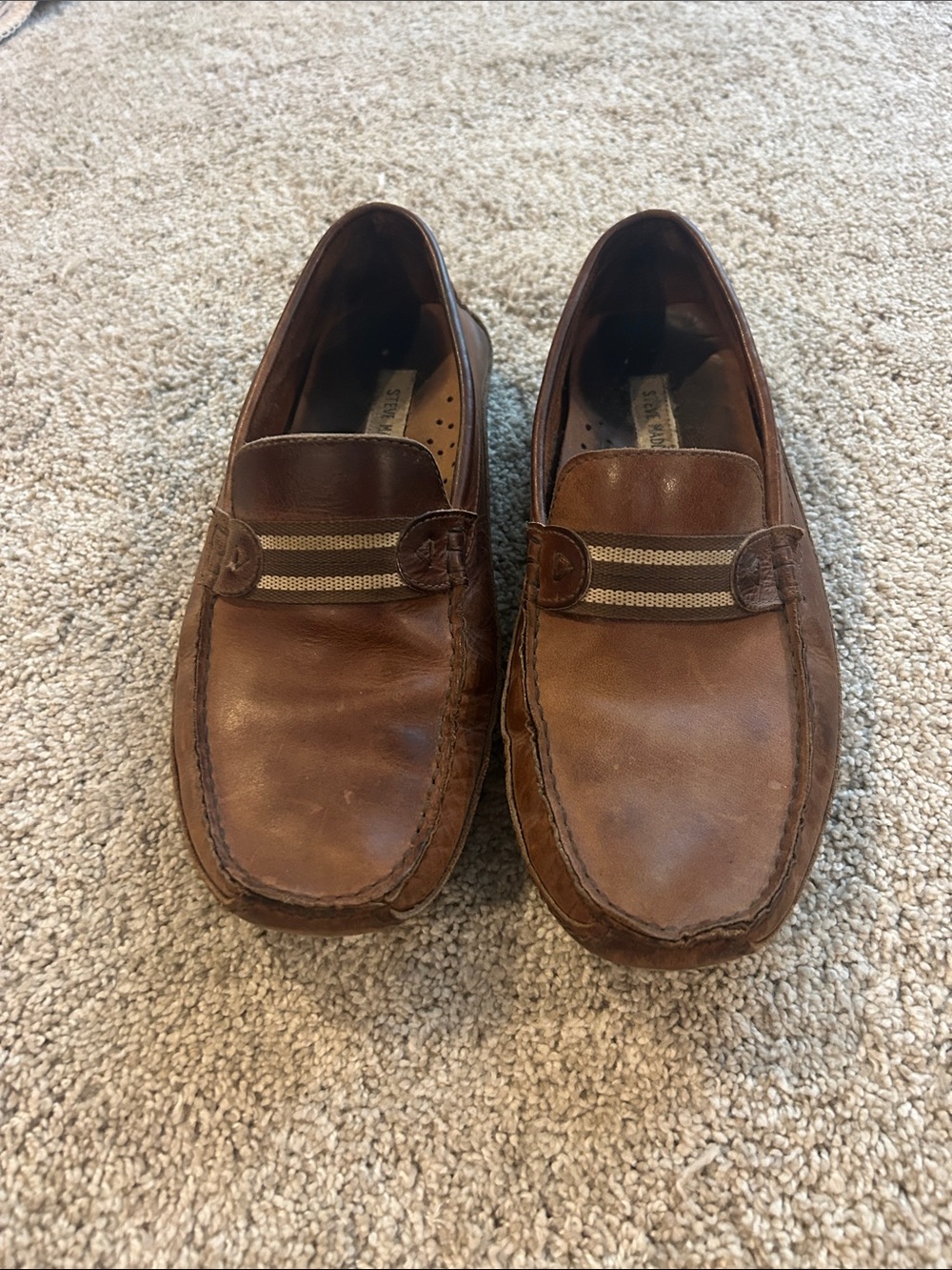 Steve Madden Brown Leather Slip-On Loafers with Striped Vamp Detail